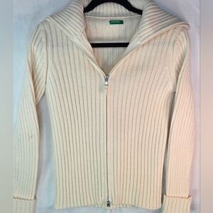 Made In Italy Of Benetton Vintage Ivory Ribbed Full-Zip Knit Cardigan Sz Small